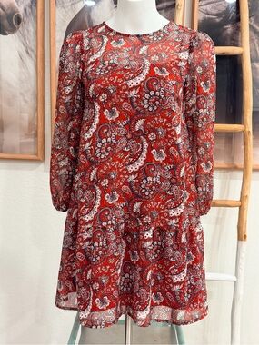 LOFT red paisley print dress with white and gray details, size PetiteXS J1084-OT